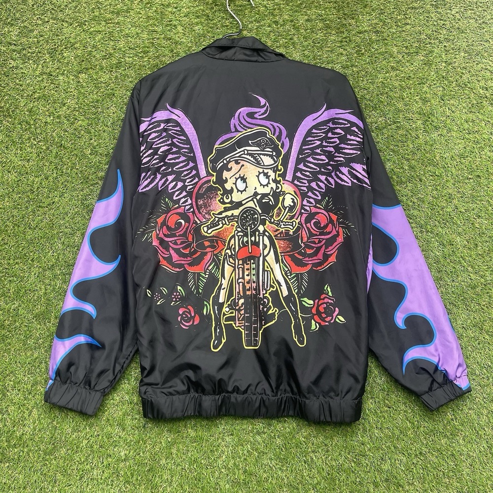 Betty Boop Jacket Womens Small Windbreaker Zip Up AOP Biker Grunge Street Angel